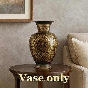 Enameled Black Gold Brass Vase Elaborately Etched India 11 inches